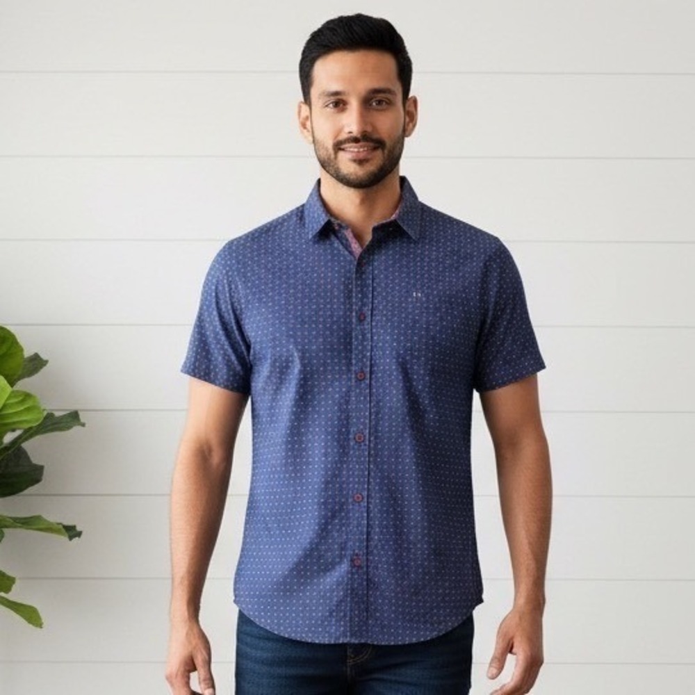 7Diamonds‎ Mens Blue Plum Geometric Short Sleeve Button Down Shirt Large